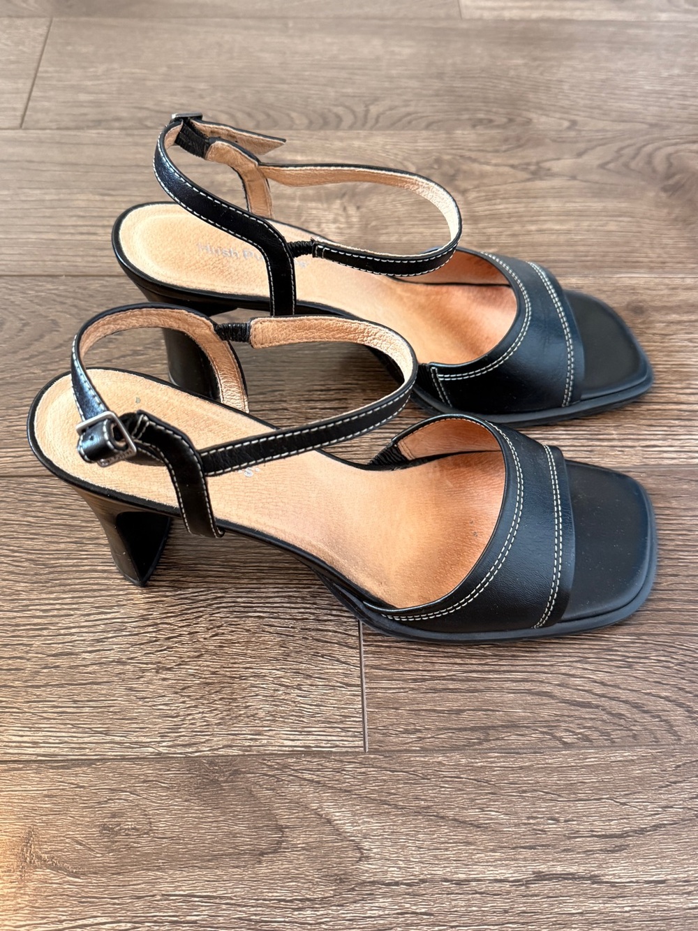 Hush Puppies 100% Real Black Leather Ankle-Strap Heeled Sandals